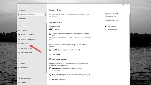 filtri colori dello schermo di windows 10