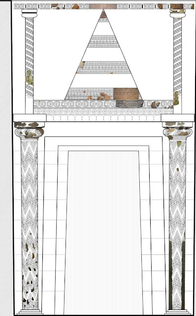 Σχεδιαστική αποκατάσταση του λίθινου διακόσμου της πρόσοψης με την προτεινόμενη θέση των θραυσμάτων που βρίσκονται σήμερα στο Εθνικό Αρχαιολογικό Μουσείο (Μελέτη Μαρίας Κοντάκη).
