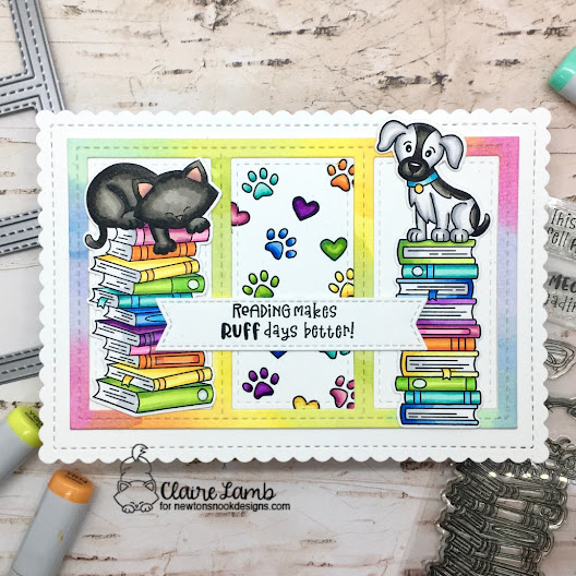 Reading makes ruff days better by Claire features A7 Frames & Banners, All Booked Up, and Banner Trio by Newton's Nook Designs; #inkypaws, #newtonsnook, #bookcards, #catcards, #readingcards, #dogcards, #cardmaking
