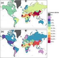 Percentage of total preterm births which were associated with ambient PM2.5 in 2010 using a low concentration cut-off of a) 4.3 μg m− 3, and b) 10 μg m− 3 (Source Credit: Environment International/Preterm birth associated with maternal fine particulate matter exposure) Click to Enlarge.