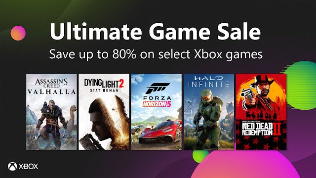 xbox ultimate game sale 2022 event live july 15 august 1 game releases 80% off assassin's creed valhalla dying light 2 forza horizon 5 halo infinite red dead redemption 2 rdr2
