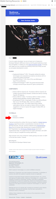 Full email from Qualcomm with a blue button at the top labeled Game Developer Guides. I have added a red arrow further down that points to a mention of Windows on ARM64 as one of the tutorials.