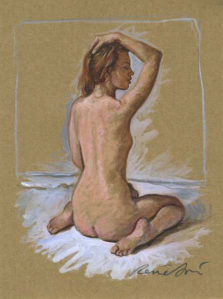 René Bui - "Assise de Dos" étude de nu à l'aquarelle sur papier brun 15x20 cm