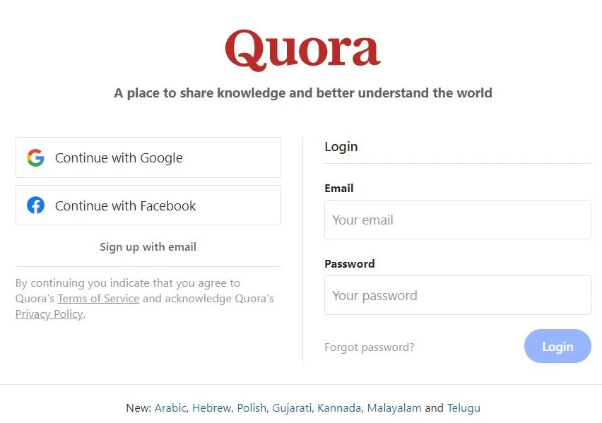 the Quora registration page