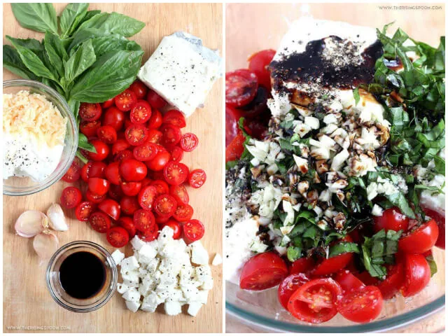 Ingredients For Hot Caprese Cheese Dip with Tomatoes, Basil, Balsamic Glaze, Mozzarella, Cream Cheese & Parmesan