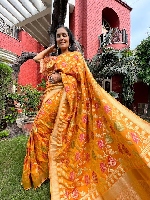 Ektara silk, soft drape, light weight,  tilfi meena, turmeric gold colour.