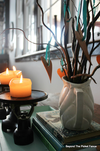 centerpiece, candles, DIY, Fusion Mineral Paint, sticks, http://bec4-beyondthepicketfence.blogspot.com/2016/01/how-to-make-centerpiece.html