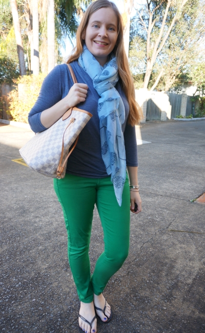 blue wrap top, family tree print scarf with green skinny jeans LV neverfull tote | awayfromblue
