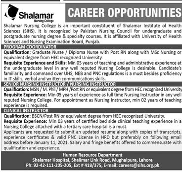 Shalamar Hospital Jobs in Pakistan 2021, SIHS Employment Opportunities - Shalamar Hospital Jobs Advertisement