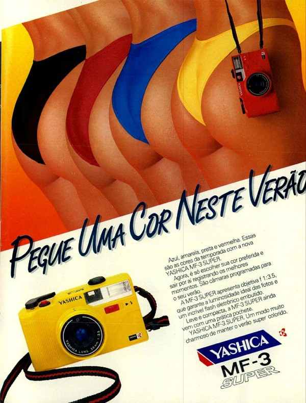 Anúncio de 1987 aonde a Yashica apresentava seu novo modelo de câmera fotográfica a MF-3 Super