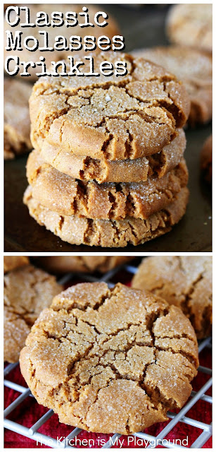 Classic Molasses Crinkles ~ These family-favorite molasses cookies are perfect for Christmas cookie platters and cookie exchanges. And for everyday snacking, too! #molassescookies #gingerbread #Christmascookies www.thekitchenismyplayground.com
