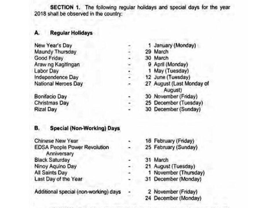 LAWANAN: Regular Holidays and Special (Non-Working) Days 