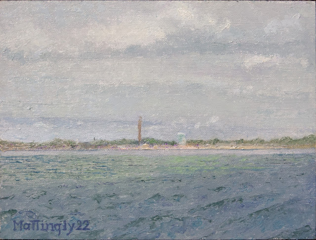 Oil painting of Provincetown MA with iconic Pilgrim Monument and water tank across choppy bay under cloudy sky.