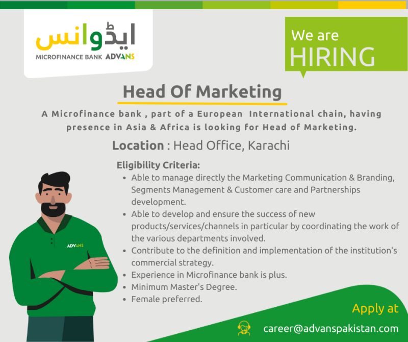 ADVANS Pakistan Microfinance Bank Ltd Jobs For Head of Marketing