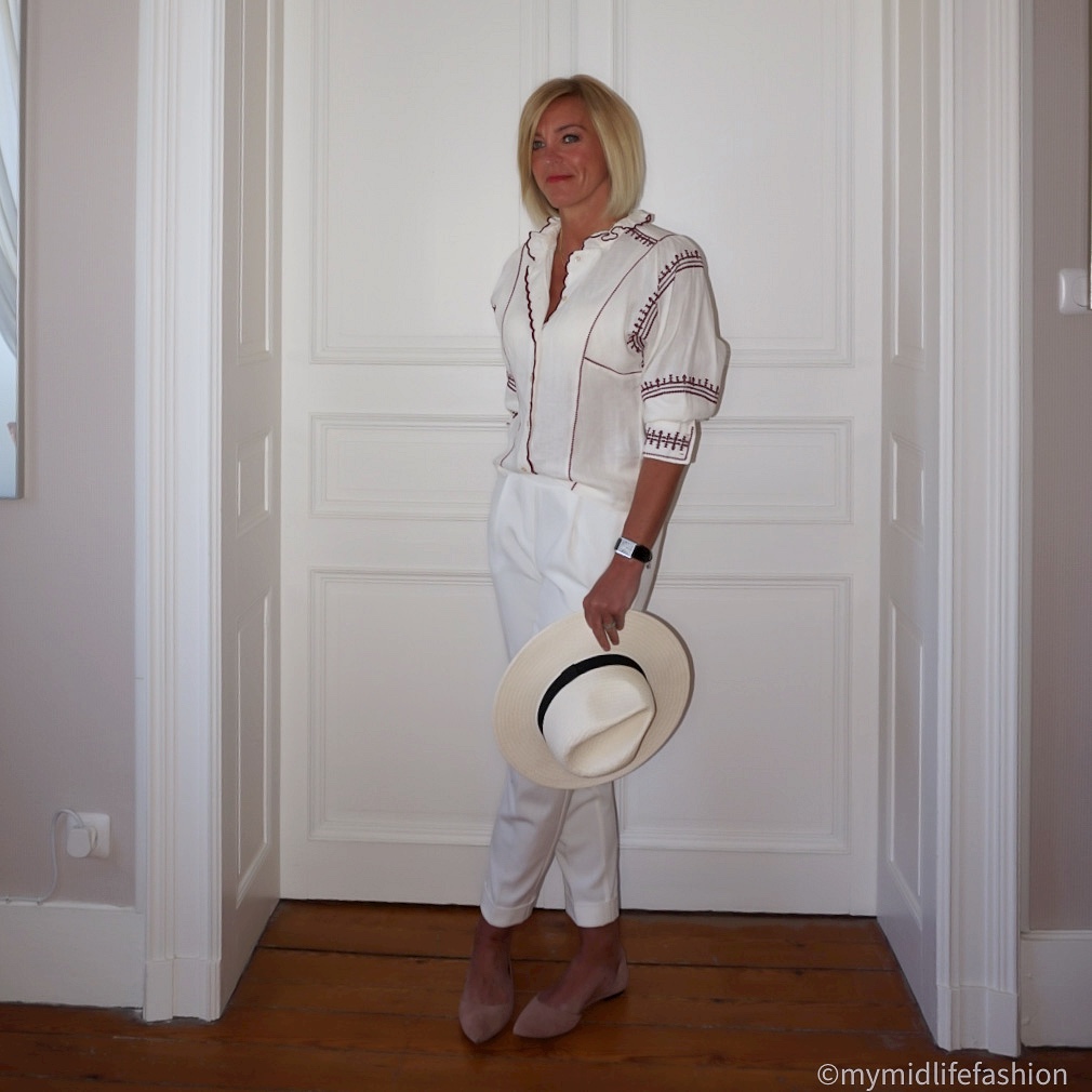 My midlife fashion, Isabel Marant etoile ruffle embroidered blouse, Zara Panama hat, marks and Spencer peg legged cropped trousers, h and m cut out pointed ballet flats