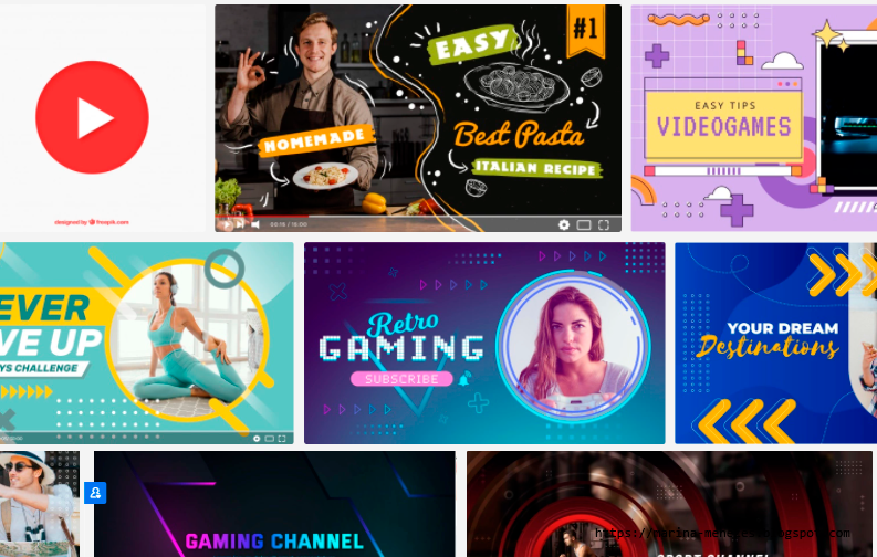 A imagem mostra uma captura de tela do site Freepik na parte de busca com vários modelos de capas para youtube. A maioria das capas na imagem possuem o tema de jogos e mostram controles de videogame, pessoas jogando, entre outros