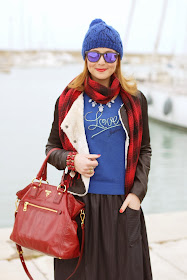blue beanie, H&M plaid scarf, Love Moschino sweater, pinstripe midi skirt, Fashion and Cookies, fashion blogger