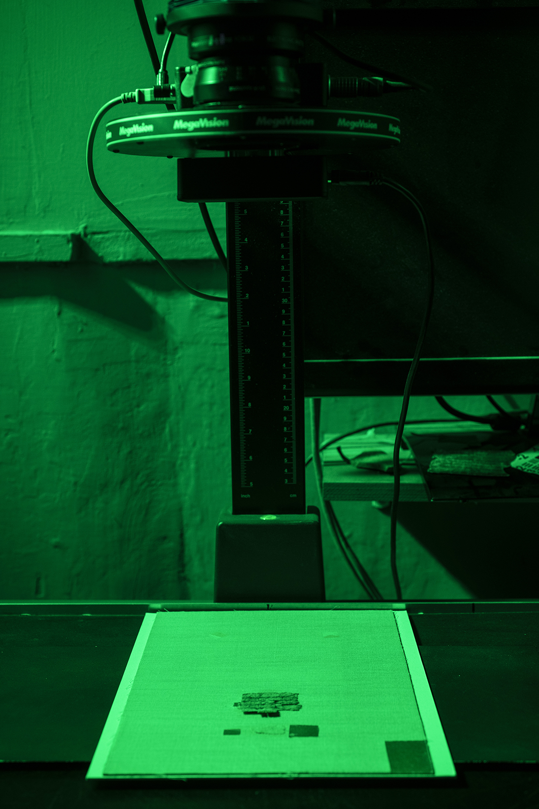 The papyrus is photographed at different wavelengths in the laboratories of the Jerusalem Antiquities Authority. Photo by Shai Halevi, Antiquities Authority