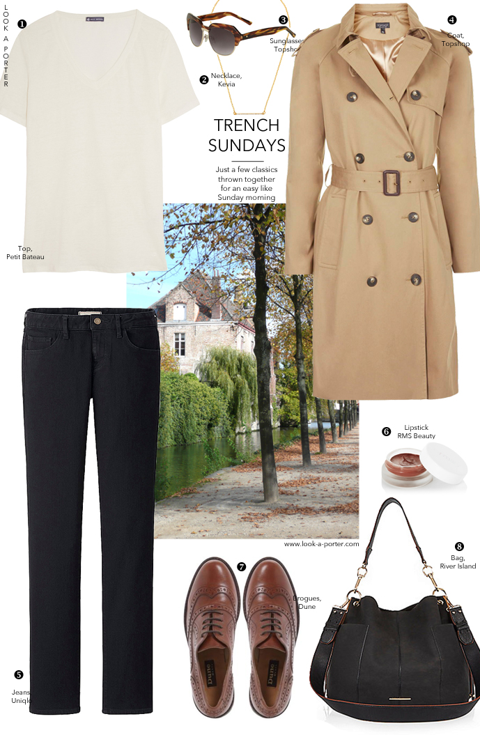 Via look-a-porter.com / style & fashion blog / how to style / outfit inspiration / outfit ideas daily / trench coat, jeans, brogues, t-shirt / Topshop, Petit Bateau, Uniqlo, Dune, River Island, Kevia, Topshop, River Island