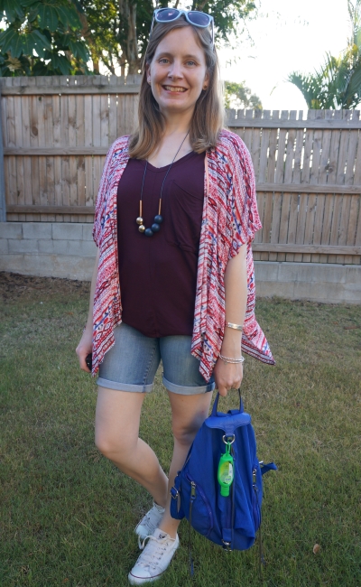 red printed kimono, wine tee, bermuda denim shorts and converse weekend style | away from the blue