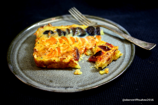 Kartoffeltarte mit Rote Bete, Karotten und Pastinake