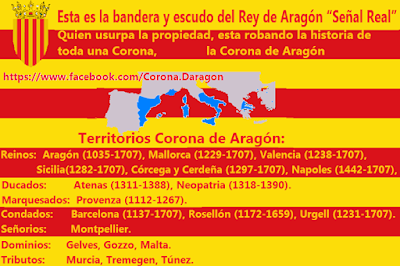 Bandera , escudo, rey, Aragón, Señal Real, historia, reinos, Aragón, Mallorca, Valencia, Sicilia, Córcega y Cerdeña, Nápoles, ducados, Atenas, Neopatria, marquesados, Provenza, condados, Barcelona Barcino Barchinona, Rosellón, Urgell, señoríos, Montpellier, dominios, Gelves, Gozzo Gozo, Malta, tributos, Murcia, Tremegen, Túnez