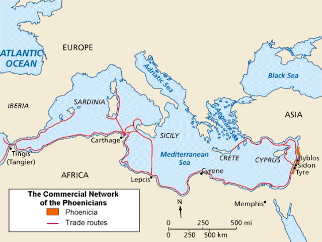 Карта Финикии и ее средиземноморских торговых путей