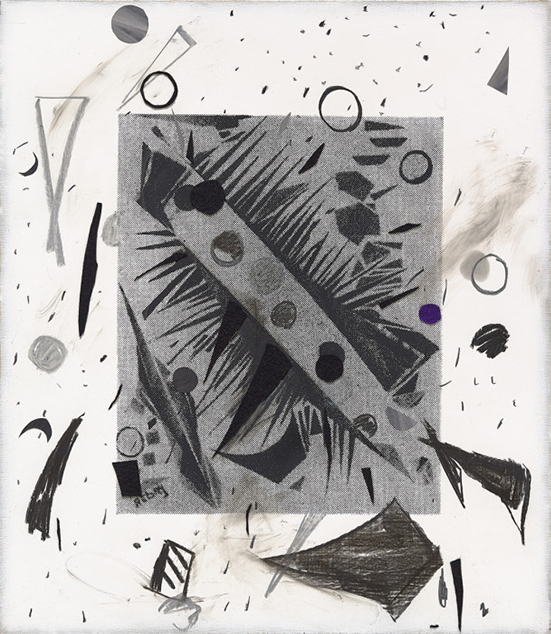 Laura Owens drawing Untitled, 2016 Screen printing ink, charcoal, pastel and felt on linen 32.5 x 28 inches