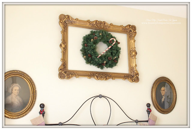Christmas Guest Bedroom-Vintage Gold Frame-Antique Lithograph-Christmas Wreath-From My Front Porch To Yours