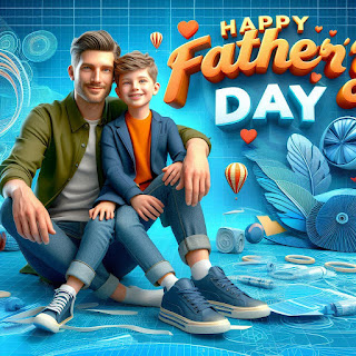 create a vibrant 3d scene with smart graphic and a boy with his father siting casually on the smart graphic large 3d happy father's day. dress him in trendy casual attire like jeans, a jacket, and sneakers the background showcase 3d scene with smart graphics in large scale as background