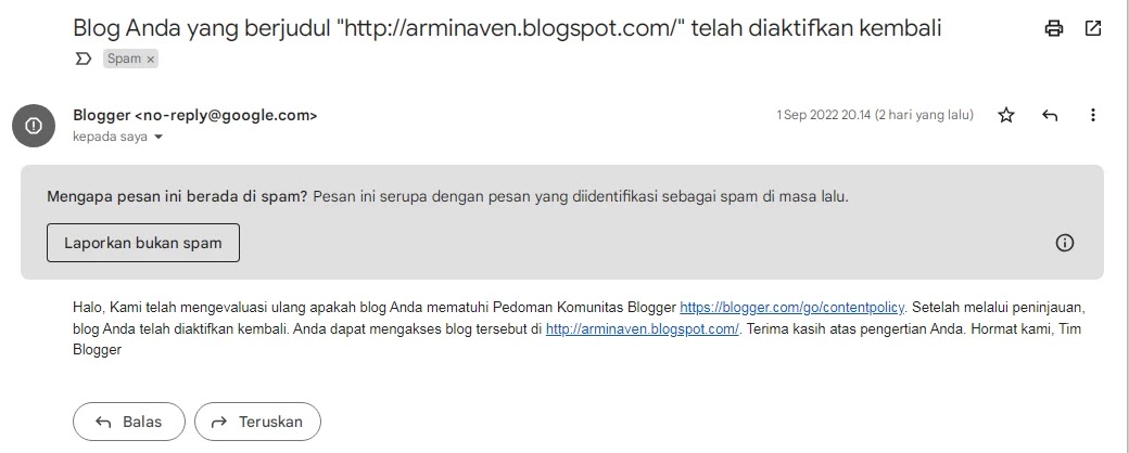 Blog Anda yang berjudul arminaven.blogspot.com telah diaktifkan kembali