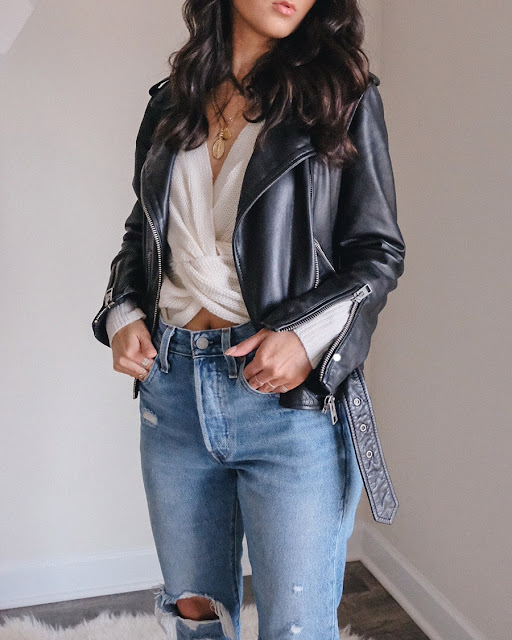 levis old hangouts skinny 501 jeans, allsaints balfern biker jacket, rue21 knot sweater