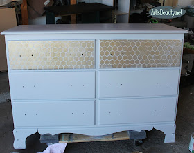 General finishes seagull gray americana decor honeywire stencil in gold dresser makeover before and after