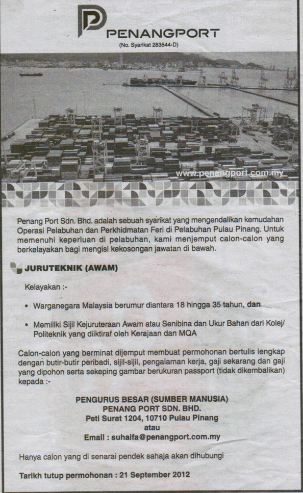 Check spelling or type a new query. Jawatan Kosong Keratan Akhbar Jawatan Kosong Di Penang Port Sdn Bhd