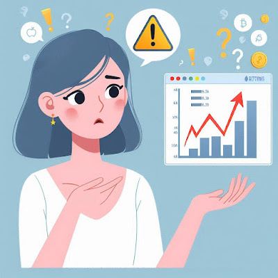 낮은 수익률과 위험 요소에 대한 고민을 표현한 사람과 주의 아이콘이 포함된 금융 관련 이미지
