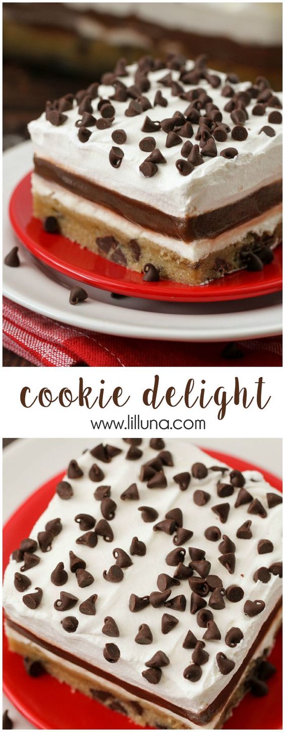 A delicious and cool layered dessert with a cookie base, cream cheese and pudding layer all topped off with Cool Whip and mini Chocolate Chips.