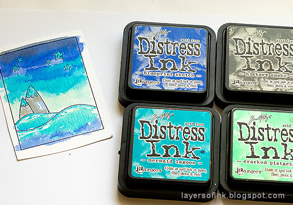 Layers of ink - Dimensional Winter Scene in an Altered Tin Tutorial by Anna-Karin Evaldsson, watercolor with Distress Ink.