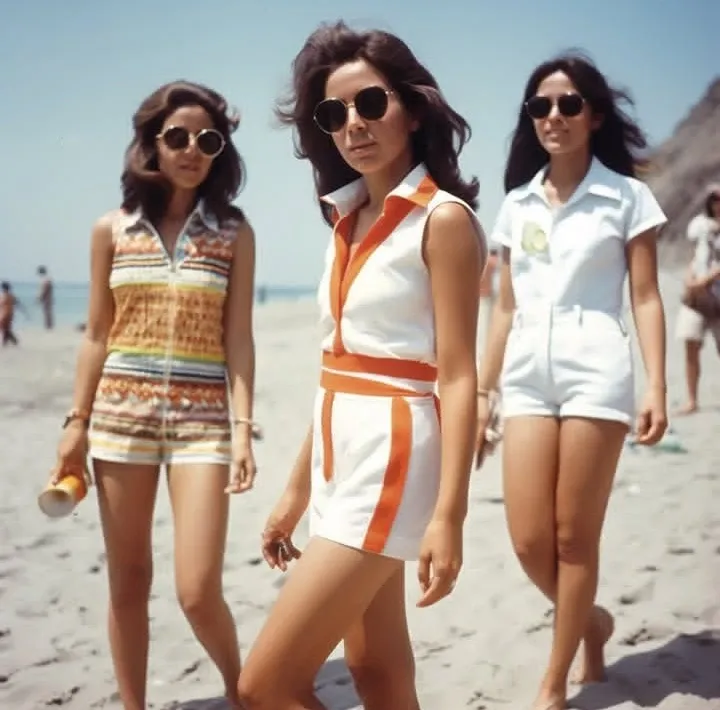 Mulheres iranianas nos anos 1970 em roupas de verão na praia, decoradas com cores vibrantes, usando óculos escuros e aproveitando o dia ensolarado na areia na década de 1960.