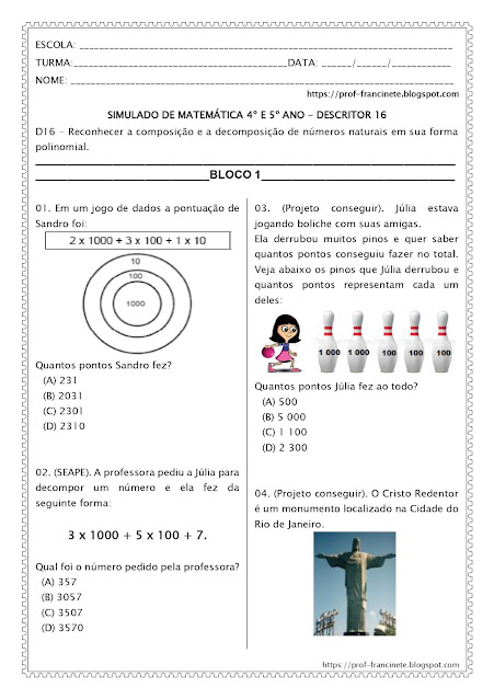 SIMULADO DE MATEMÁTICA 4º E 5º ANO – DESCRITOR 16