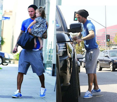 Star David Beckham was spotted with his daughter Harper Seven in Los Angeles. He was seen wearing a light blue tee, blue Adidas Gazelle sneakers and Adidas Originals by DB sweat shorts.