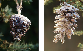 Kogler med sne af kokos som naturligt julepynt 