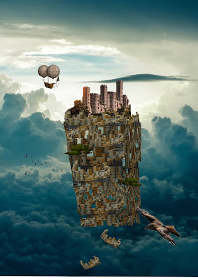 A castle floats above clouds as a bird of prey flies by and a flying machine floats in the background.