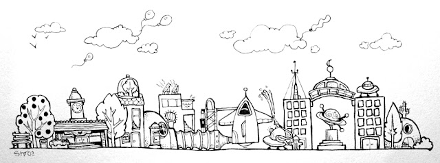 Fantasy city skyline aith spaceship and rocket, houses and adobe shelters, trees and village life. An ink pen doodle drawing by Shroo. Artyshroo