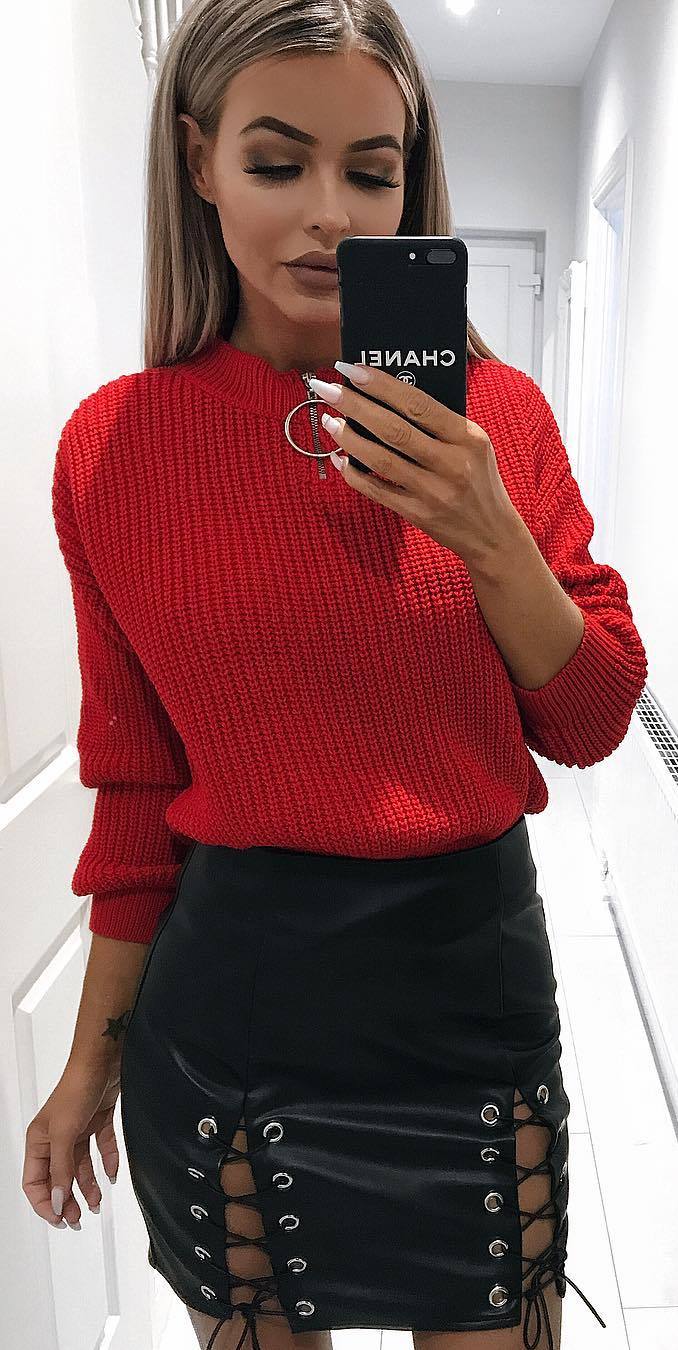 cool outfit | red knit sweater + leather skirt