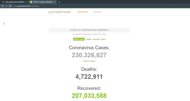 Implementing Web Scraping in Python with BeautifulSoup4: Scraping Corona Data from(https://www.worldometers.info/coronavirus/)