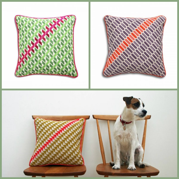 Bold Geometric Needlepoint Cushions with Paddy the Jack Russell