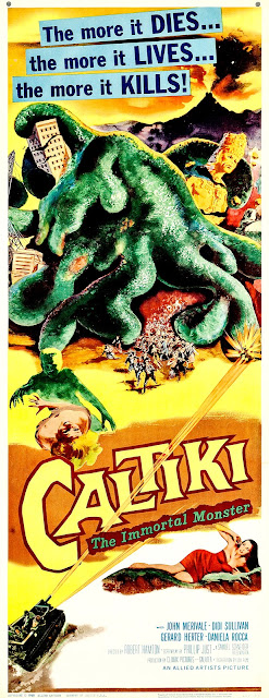 CALTIKI THE IMMORTAL MONSTER. Estados Unidos. Insert: 36 x 91 cms. CALTIKI, EL MONSTRUO INMORTAL. Caltiki, il mostro immortale. 1959. Italia, Estados Unidos. Dirección: Riccardo Freda (como Robert Hamton), Mario Bava (sin acreditar). Reparto: John Merivale, Didi Perego, Gérard Herter, Daniela Rocca, Giacomo Rossi-Stuart, Daniele Vargas.