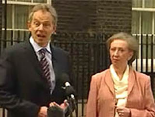 Tony Blair, alongside Margaret Beckett outside the Number 10, welcomes the release of the UK sailors