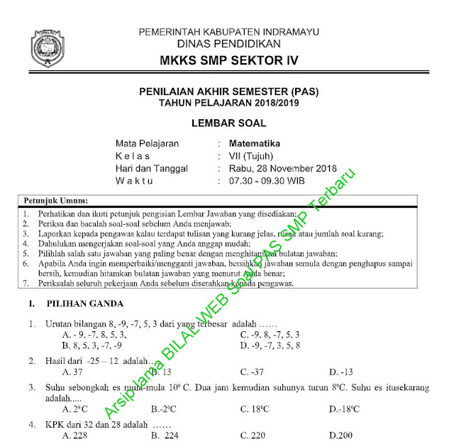 Kumpulan Soal Penilaian Akhir Semester (PAS) Matematika Kelas 7 (Tujuh) SMP Terbaru Tahun 2019