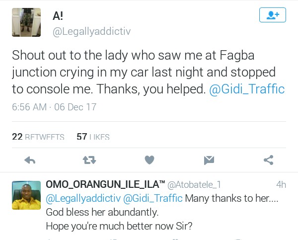  Nigerian lawyer gives shout out to a stranger who stopped to console him as he was crying in his car last night 